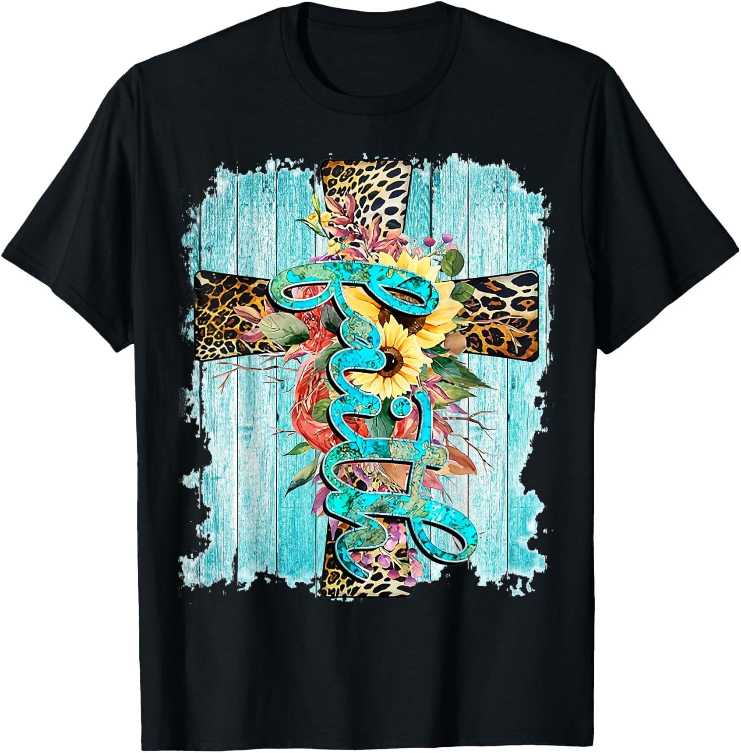 Leopard Western Faith Cross Jesus Christ Christian Cowgirl T-Shirt XXXL