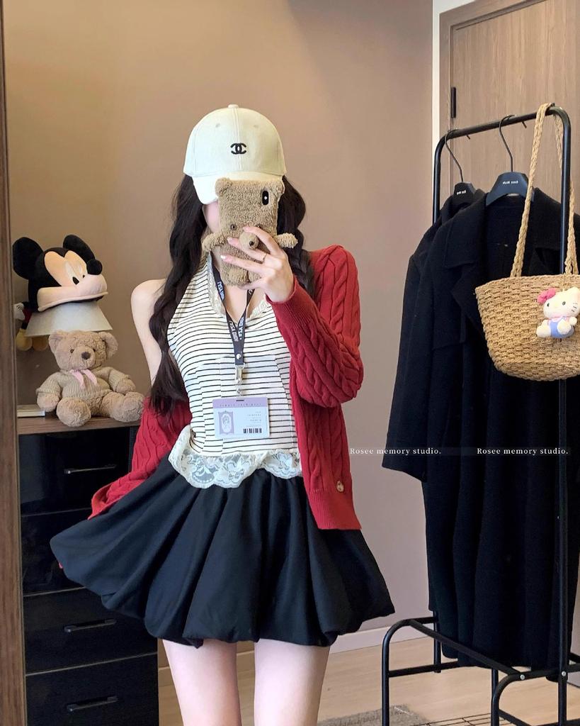 Korean Style Women's 2025 Summer High-Waist Slimming Midi Puff Skirt with Anti-Exposure Shorts