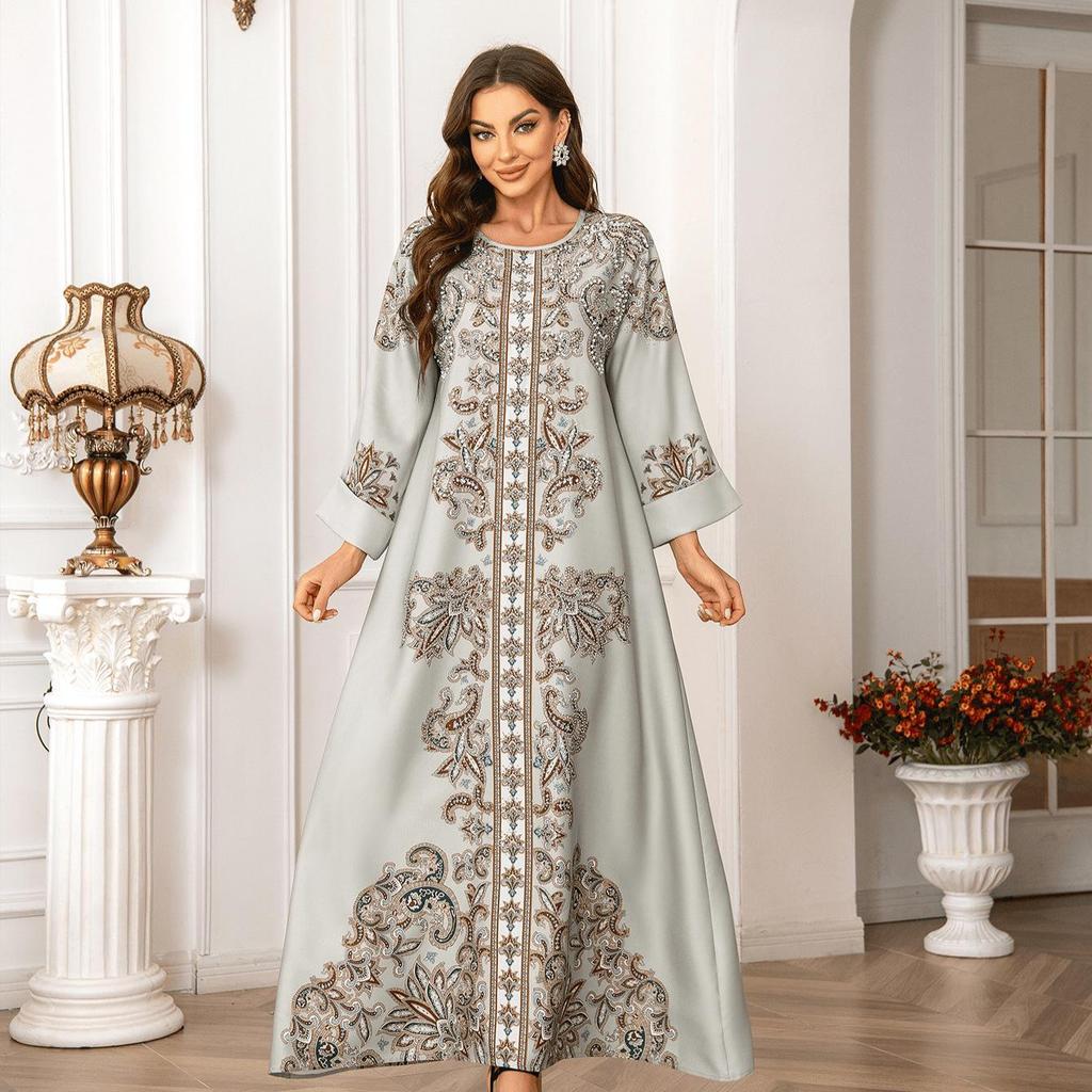 High-Density Beaded Print Muslim Abaya Dress