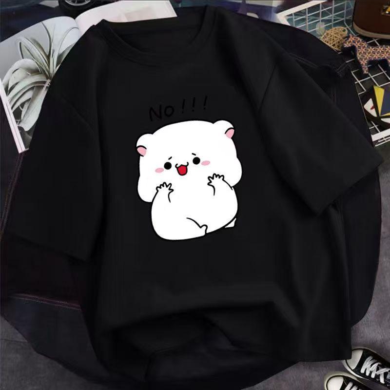 Women's Summer New Cotton Round Neck Cartoon Printing Short-sleeved Loose White T-shirt