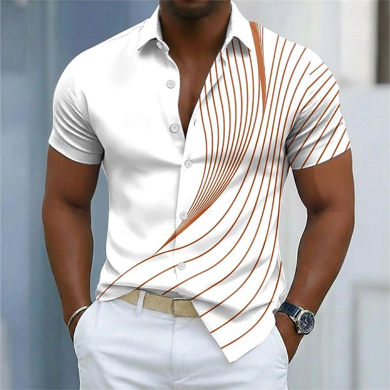 Nuova Camicia da Uomo a Maniche Corte Stampa a Righe Curve Bianche e Blu Vestibilità Business Casual Collo a Revers Camicia da Uomo