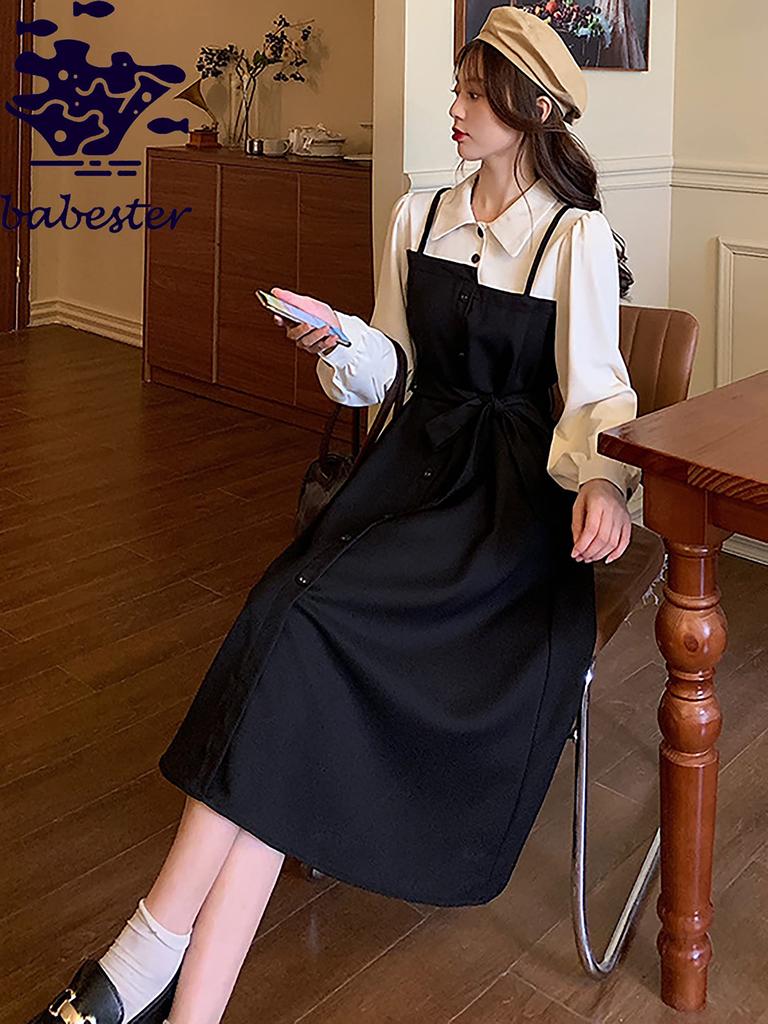 Babestar Layered Layered Long Solid Perfect for Casual Size Women's Dress, Mid-Length, Look, Sleeve, Color, Long/Medium, Collared, Slimming, Cute,