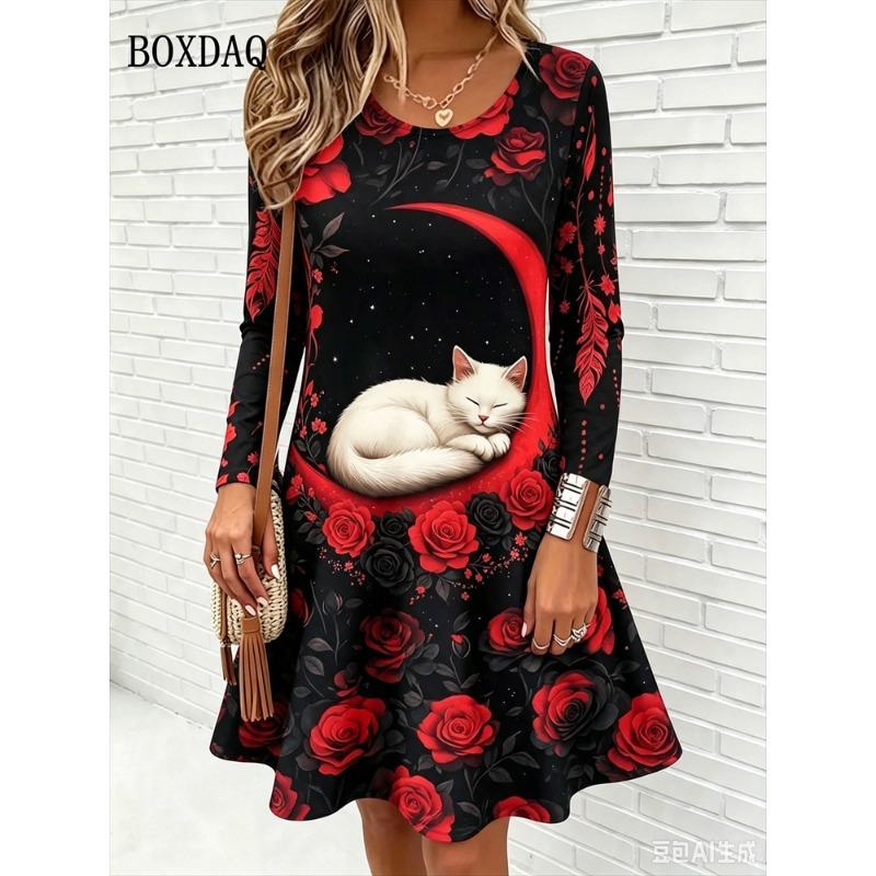 Cute Cat Floral 3D Print Dresses Women's Fashion Gradient Long-Sleeve Dress Autumn Winter Daily Casual Women's Loose Home Dress