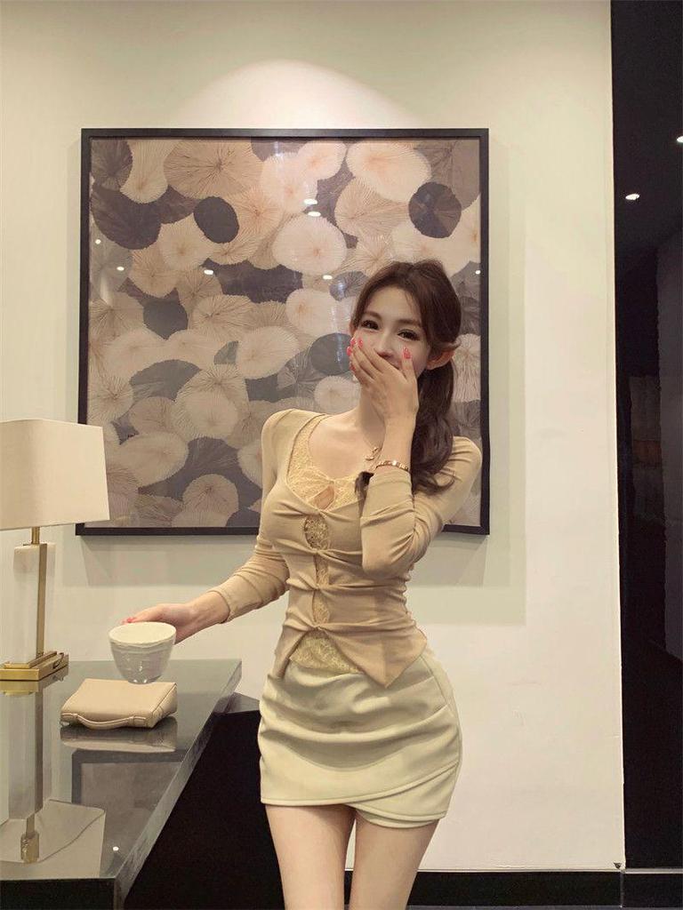 Women's Winter Style Sexy Fake Two-Piece Long-Sleeve Slimming Hollow Base Layer Top