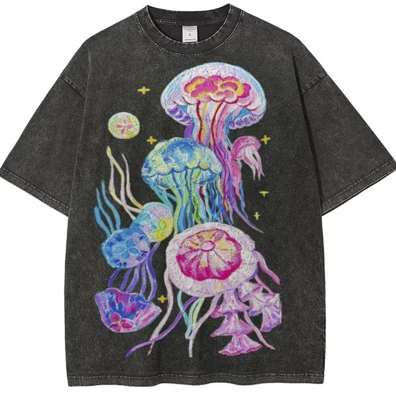 Colorful Jellyfish Print T-Shirt Vintage Washed Marine Life Graphic Tee Casual Streetwear Oversized Unisex Cotton Short Sleeve Tops, Harajuku Style