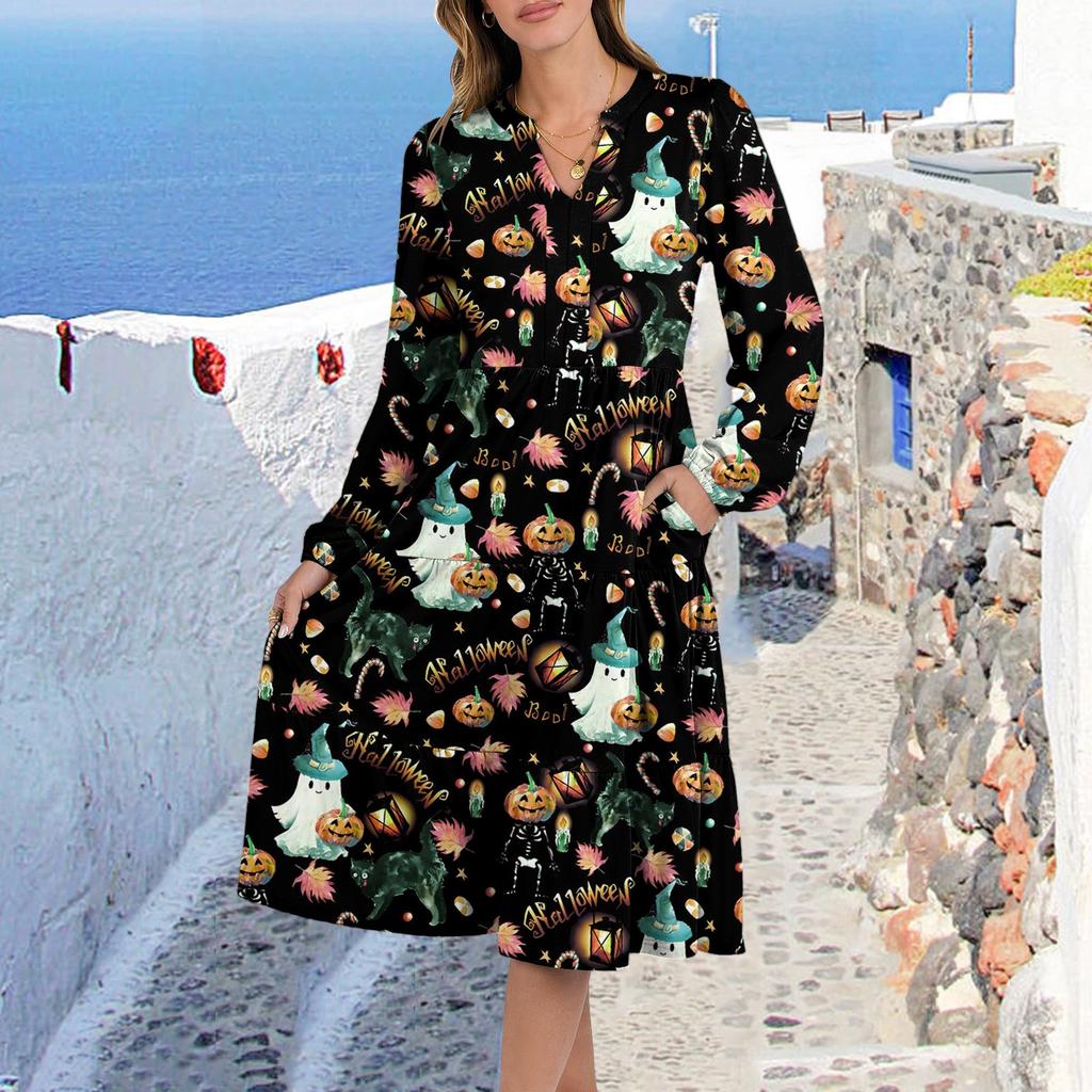 Women's V-Neck Flowing Layered Bohemian Long Sleeve Halloween Print Dress