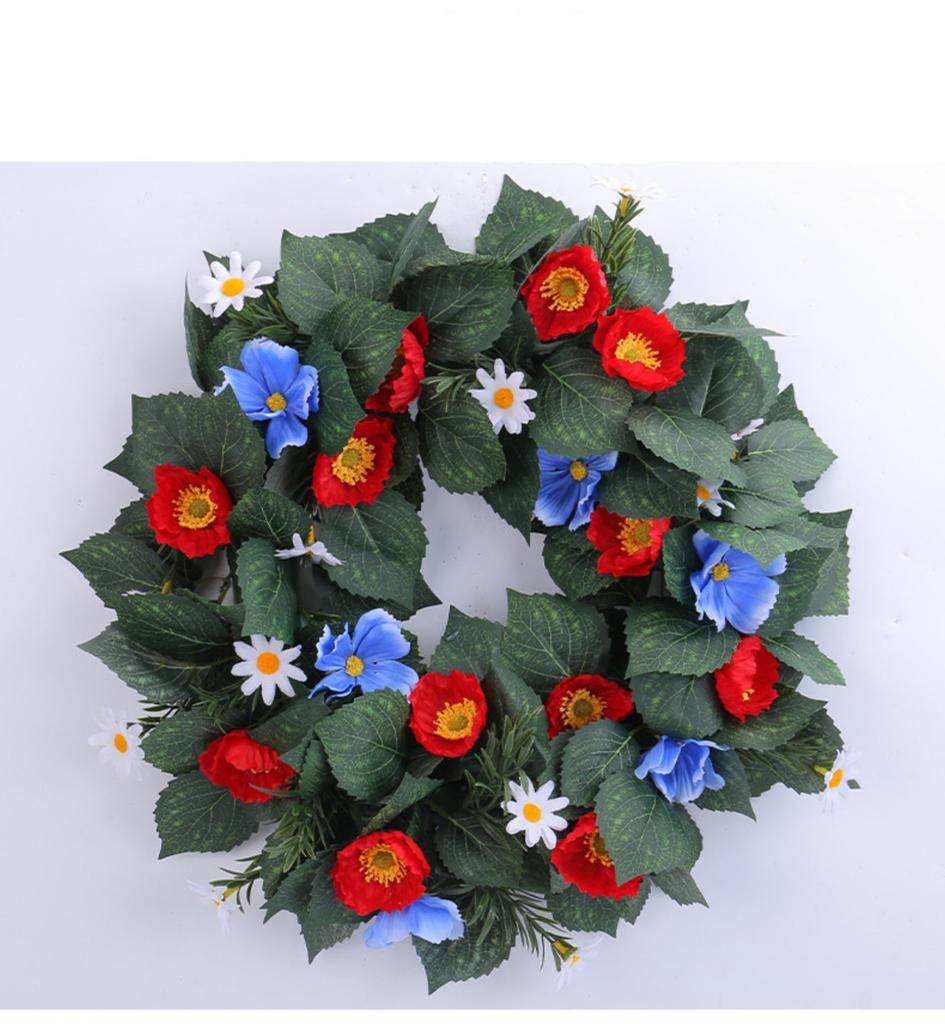 Independence Day Red And Blue Small Flower Wreath Window Wall Hanging Holiday Simulation Flower Deadwood Rattan Wreath Door Hanging