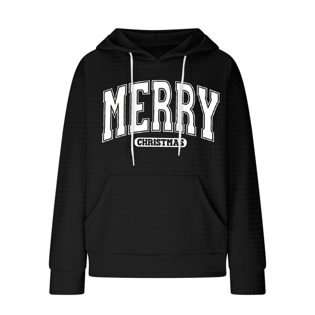 Women's Fashion Loose Hooded Pullover Long Sleeve Plaid Sweatshirt With Drawstring, Drop Shoulder, Pocket, Christmas Print Top