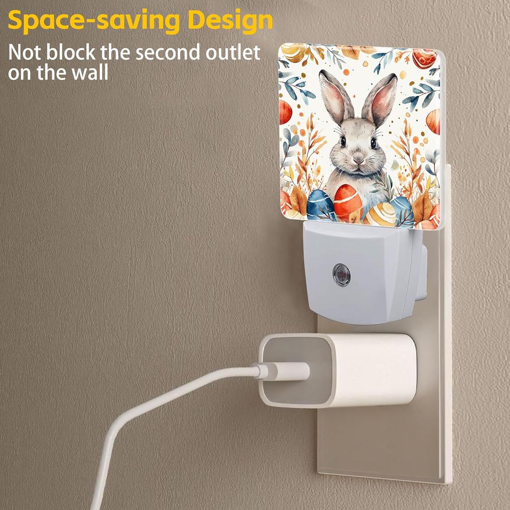 Easter Eggs Bunny Leaves Plug in Night Lights,Watercolor Cute Rabbit Night Light Plug into Wall with Dusk to Dawn Sensor Decor for Women Men