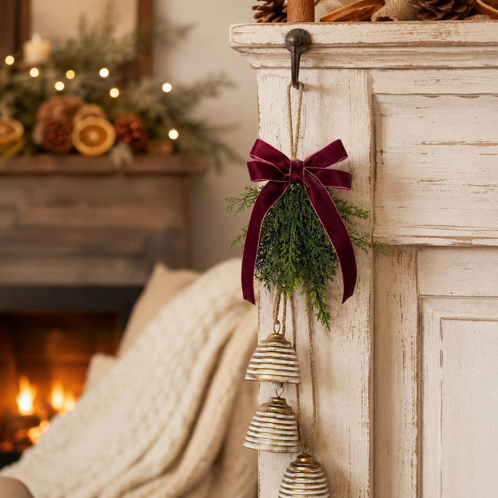 Vintage Cedar Greenery & Metal Bells Christmas Decor for Doors or Walls
