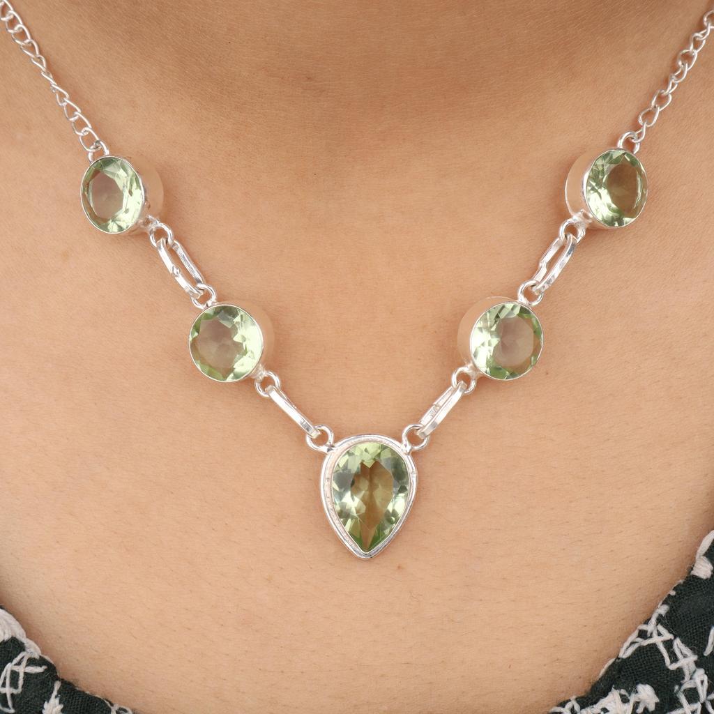 Green Amethyst Gemstone Silver Handmade Necklace16-18" 925 Sterling Silver Women Jewelry Gift For Birthday RN-3-14