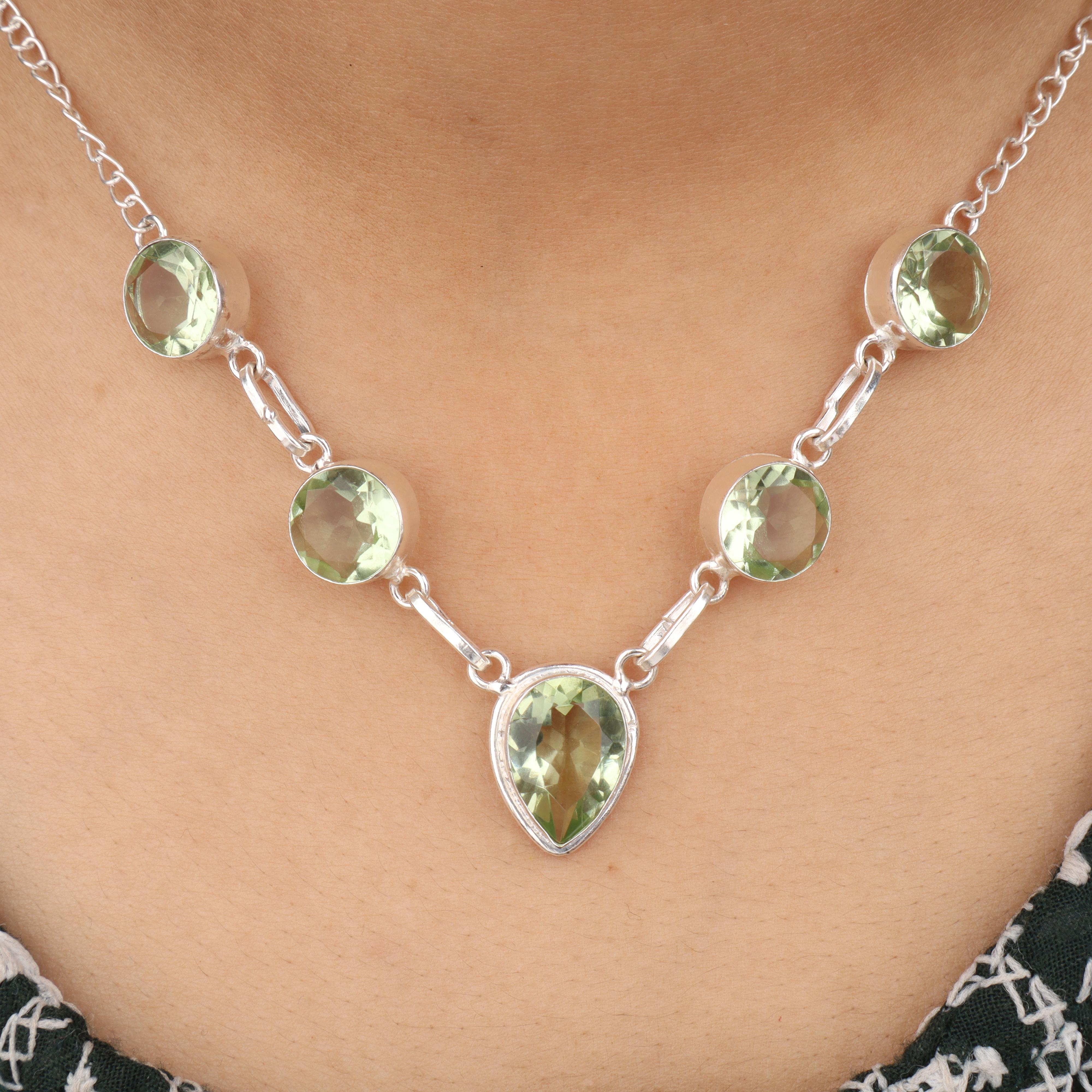 

Зеленый Аметист Драгоценный Камень Серебряное Колье Ручной Работы 16-18 Серебро 925 пробы Женские Ювелирные Изделия Подарок на День Рождения RN-3-14