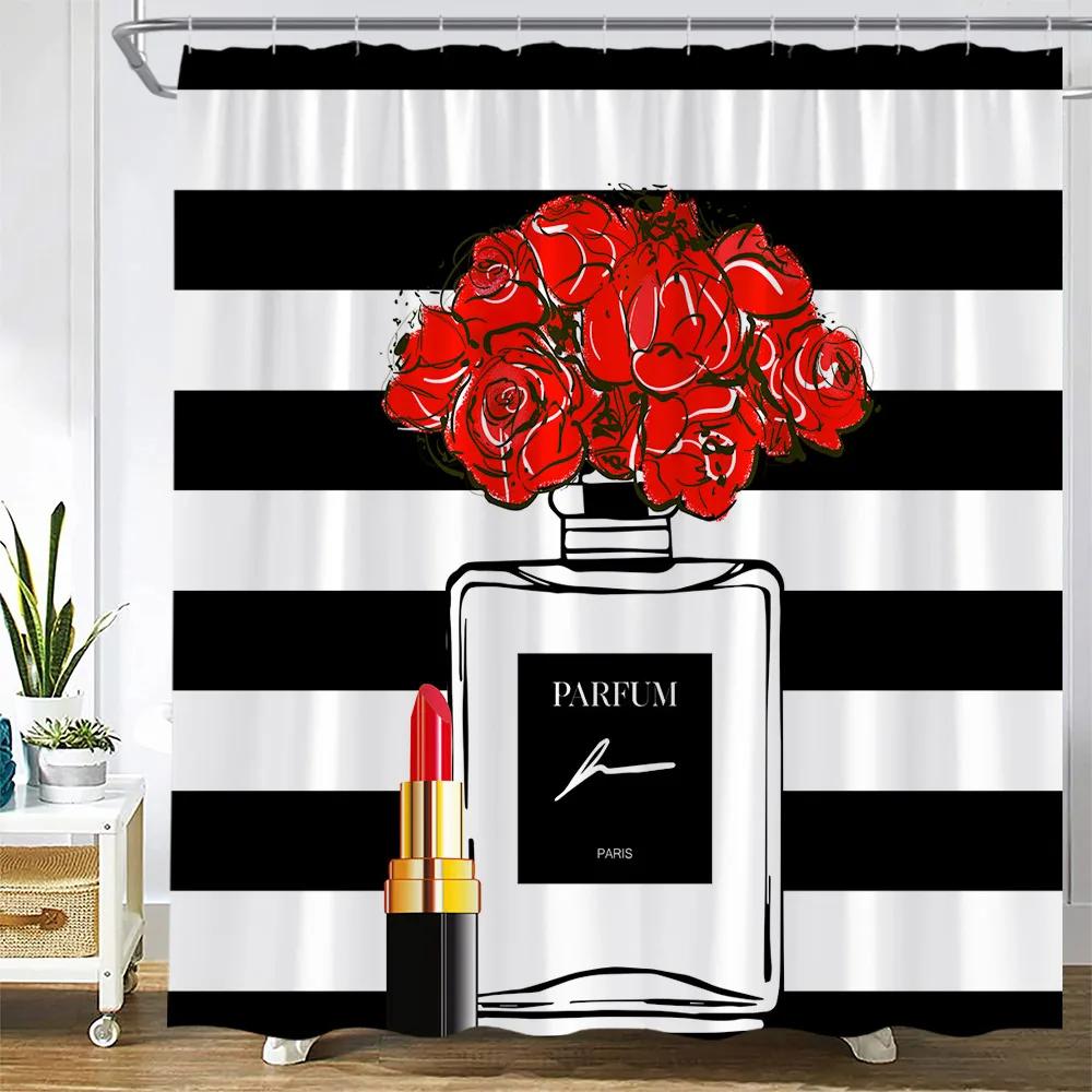 Vintage Paris City Scenery Shower Curtain Tower Pink Rose Flower Painting Spring Bathroom Decor Waterproof Screen With Hooks