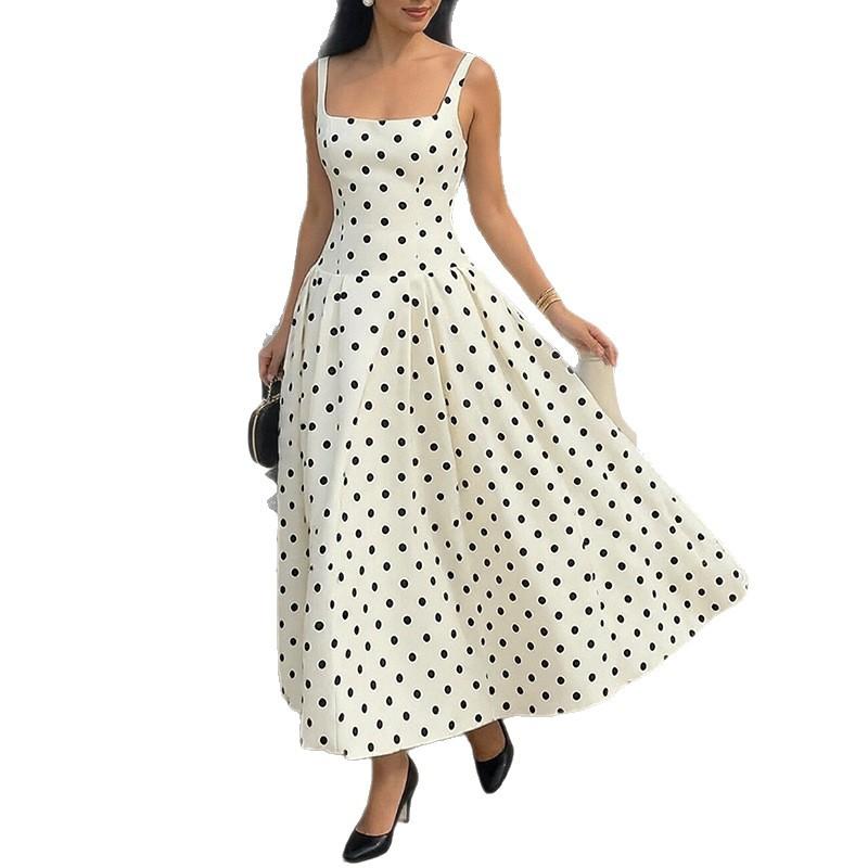 Women's clothing, new spring models in Europe, America, fashionable French temperament polka dot suspender long dress dress