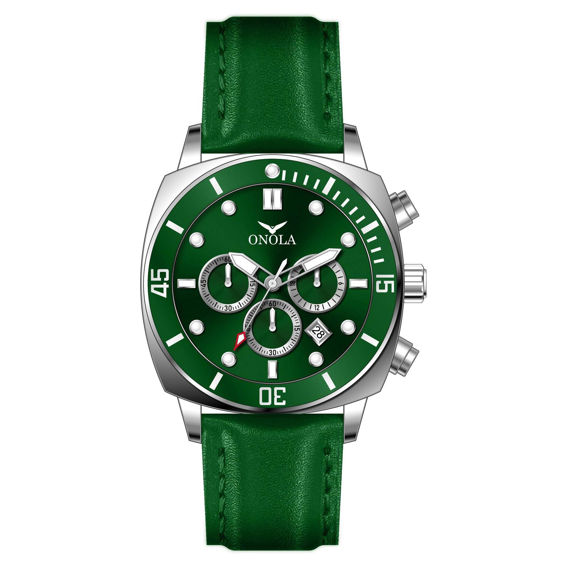 Mens Waterproof Quartz Chronograph Watch Luminous Hands Calendar Watch Stainless Steel/Leather Strap leather strap зелёный