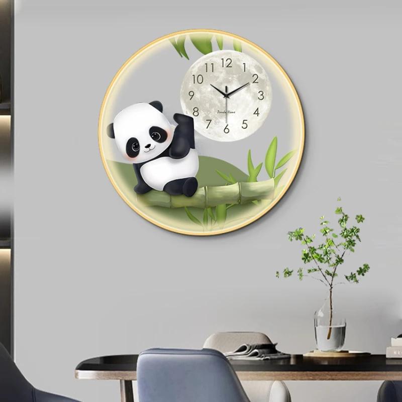 Circular transparent panda wall clock living room dining room decorative painting Creative LED wall light hanging wall clock