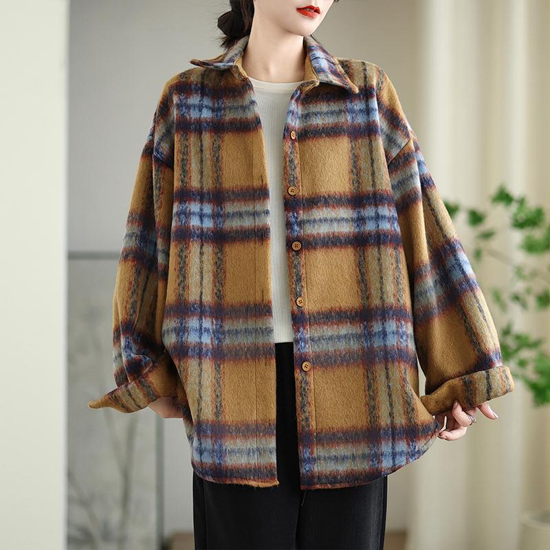 DIMANAF 2025 New Autumn Winter Plus Size Women Coats Jackets Loose Casual Outerwear Vintage Lady Plaid Cotton Thick Long Sleeve