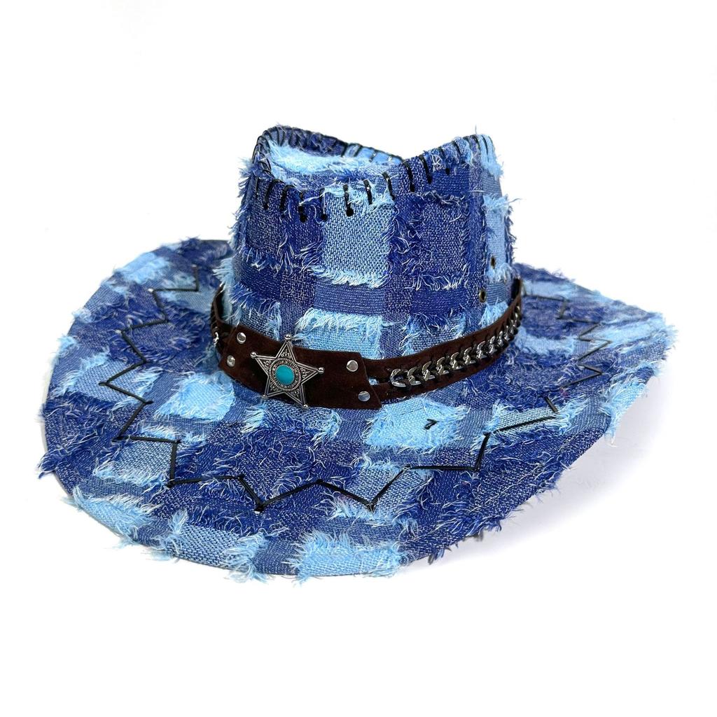 Retro Blue Western Cowboy Hat Women'S Spring And Summer Travel Sun Protection Big Brim Sun Hat Burr Rim Knight Hat Men