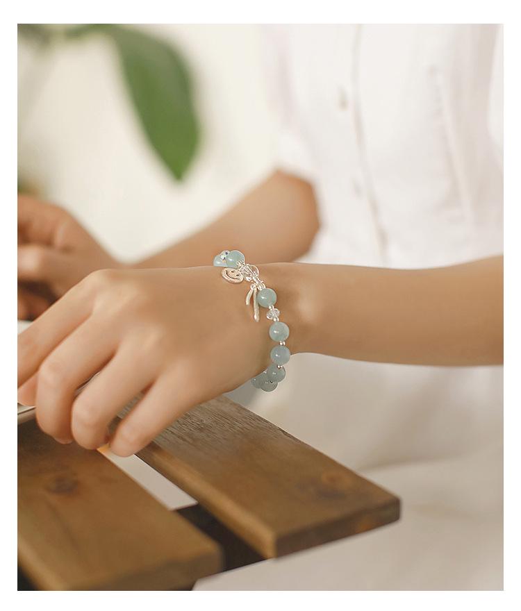 Aquamarine Fresh Blue Crystal Beaded Bracelet with S925 Silver Feather