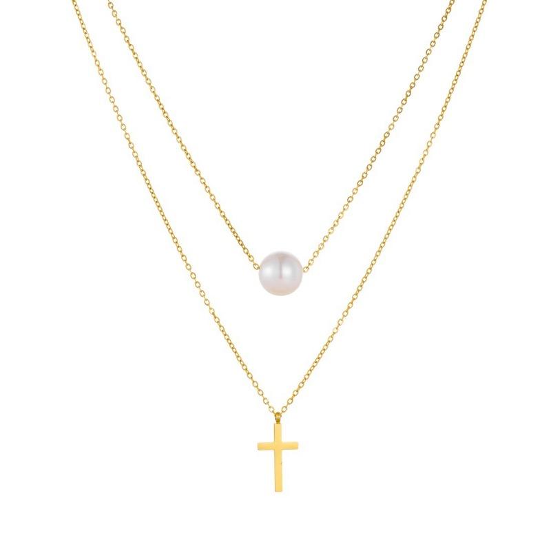 Gold Plated Stainless Steel Double Layer Cross & Pearl Pendant Necklace for Women