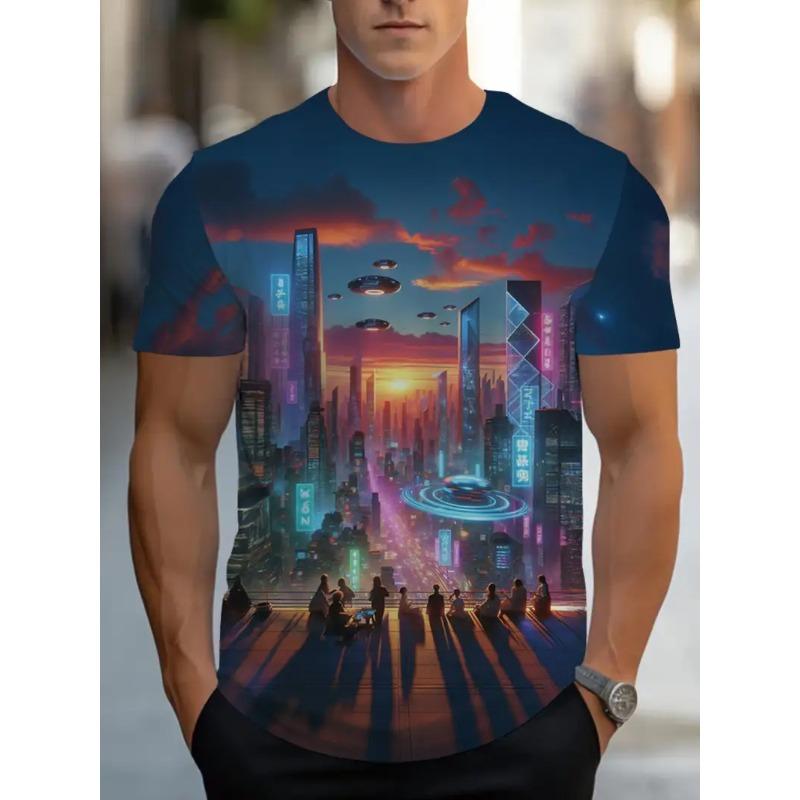 

Men s 3D Printed Future Urban Pattern T-shirt Humorous Digital Printed Short Sleeved T-shirt Breathable Polyester Round Neck Casual XS