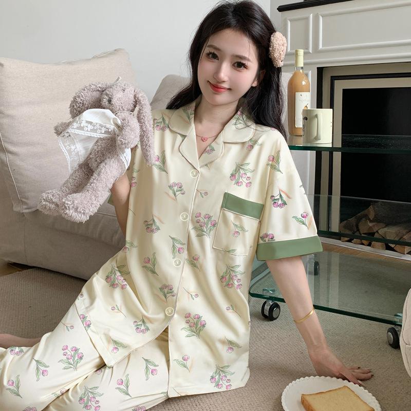 Pastoral Tulip Flower Imitation Cotton Pajamas Women's Summer Short-sleeved Trousers Medium Mother Large Size Loungewear