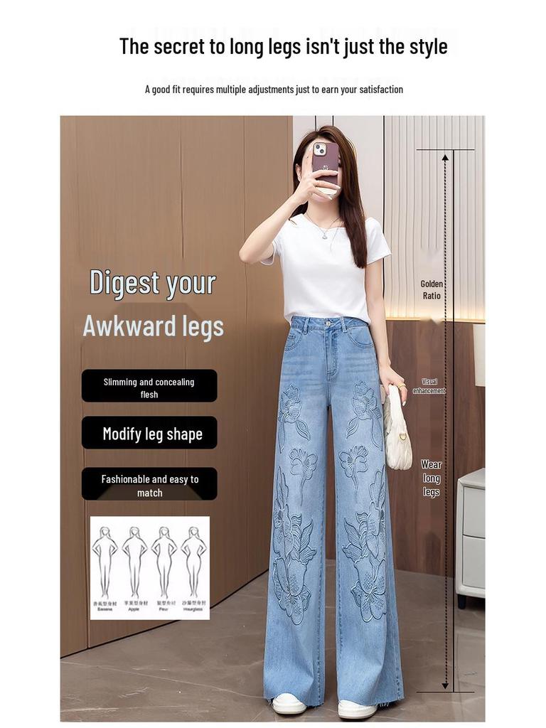 Women's High-Waisted Light Blue Denim Wide-Leg Pants with Rhinestone Embroidery - 2026 Spring/Autumn Chinese Style Slimming Casuals