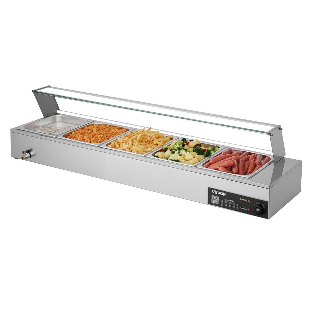 Commercial Food Warmer, 1500W Electric Stainless Steel Steam Food Warmer with Glass Cover, Countertop Buffet Bain Marie with Five 1/2 Size Food Pans,