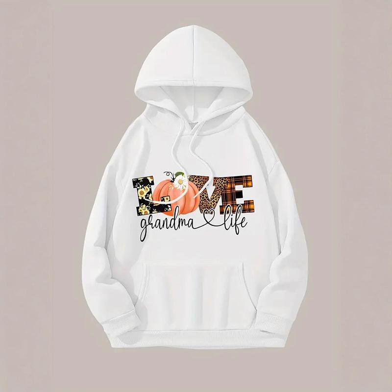 Ladies Spring Autumn Casual Hooded Long Sleeve Big Pocket Halloween LOVE Pumpkin Printed Pullover Hoodies Sweatshirt Top
