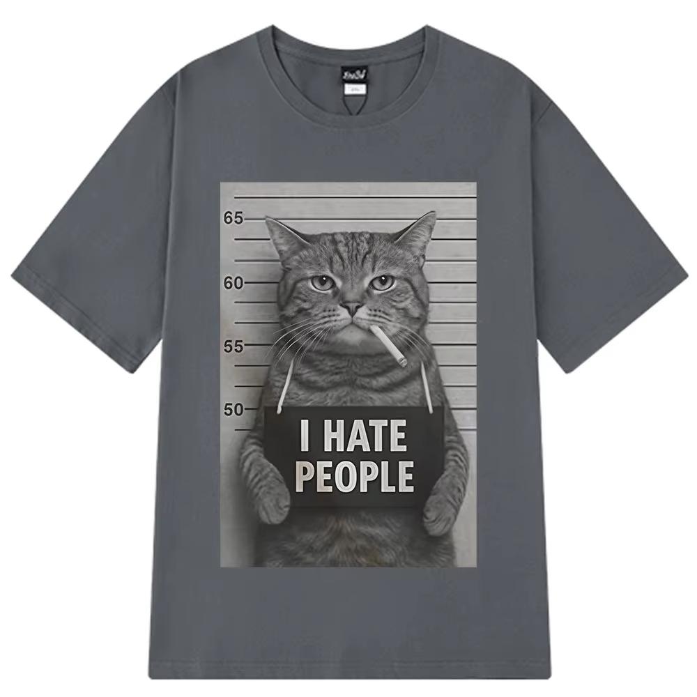 I Hate People Meow Print Tshirt Fun Cat Print T Shirts Men Women Loose Short Sleeve Clothing Harajuku Cotton Casual Tshirts