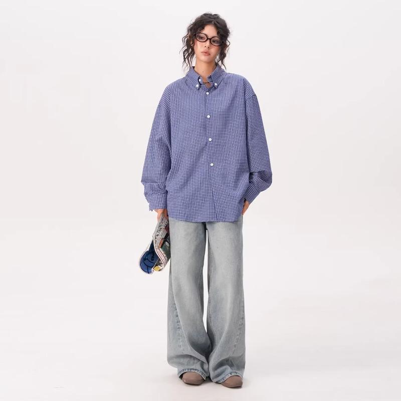 BWKA Unisex Amerikaans Retro Blauw Geruit Overhemd met Lange Mouwen