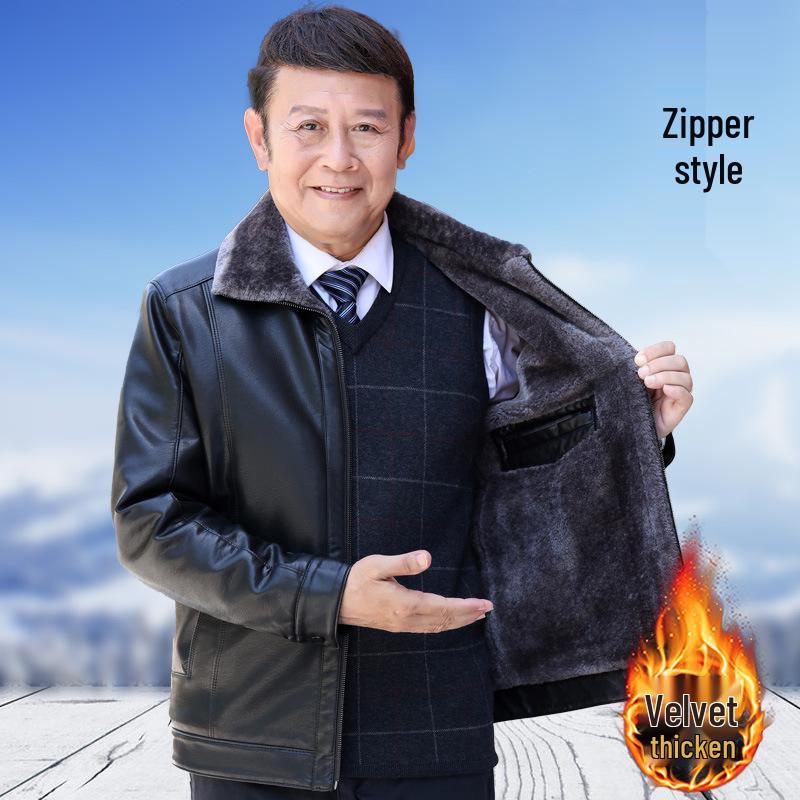 Men's 50+ Velvet-Lined Leather Jacket for Winter, Suitable for Middle-Aged & Elderly