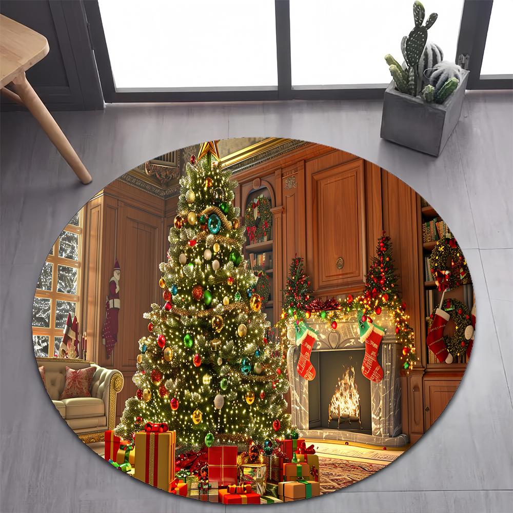 Niedlicher Weihnachtsmann Frohe Weihnachten Baum Cartoon Festival Geschenk Runder Teppich für Schlafzimmer Wohnzimmer Dekoration, Dekor Bodenmatte