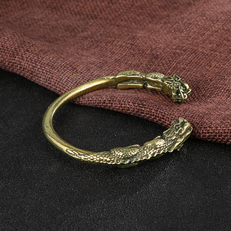Vintage Distressed Double Dragon Head Round Bar Bangle Chinese Trendy Solid Antique Brass Craft Cuff