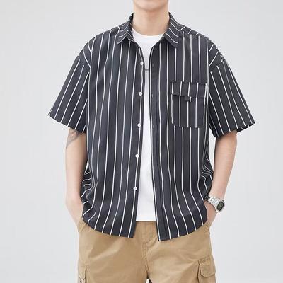 Spring Summer Men's Striped Top Cool Breathable Business Commuter Turn-down Collar Short Sleeve Shirt