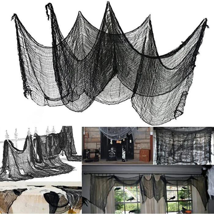 Tissu décoration Halloween effrayant, pour fenêtre/table/porte, filet/toile araignée/araignées, décoration fête, noir YYV