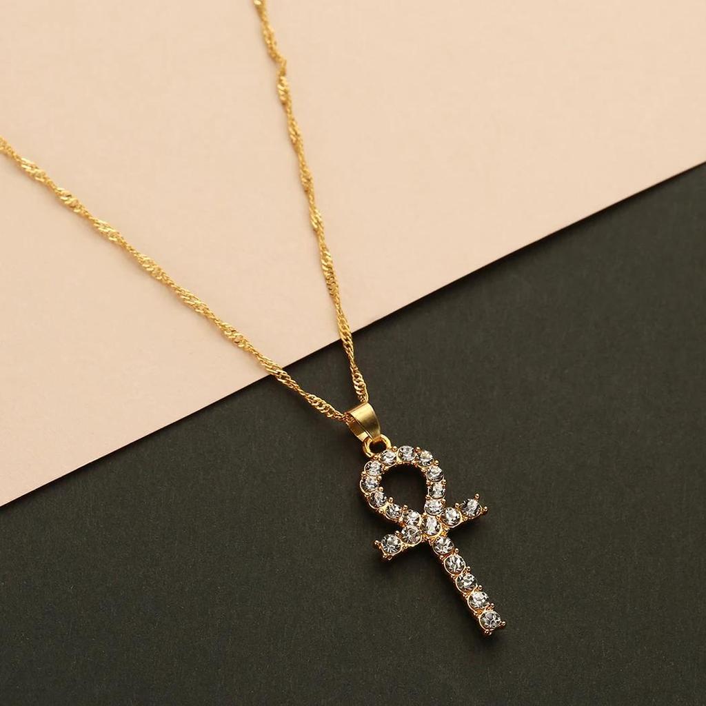 Amulet Talisman Ankh Cross Pendant Necklace Women Crystal Rhinestone Egypt Egyptian Key Life Religious Chain Jewelry Gift