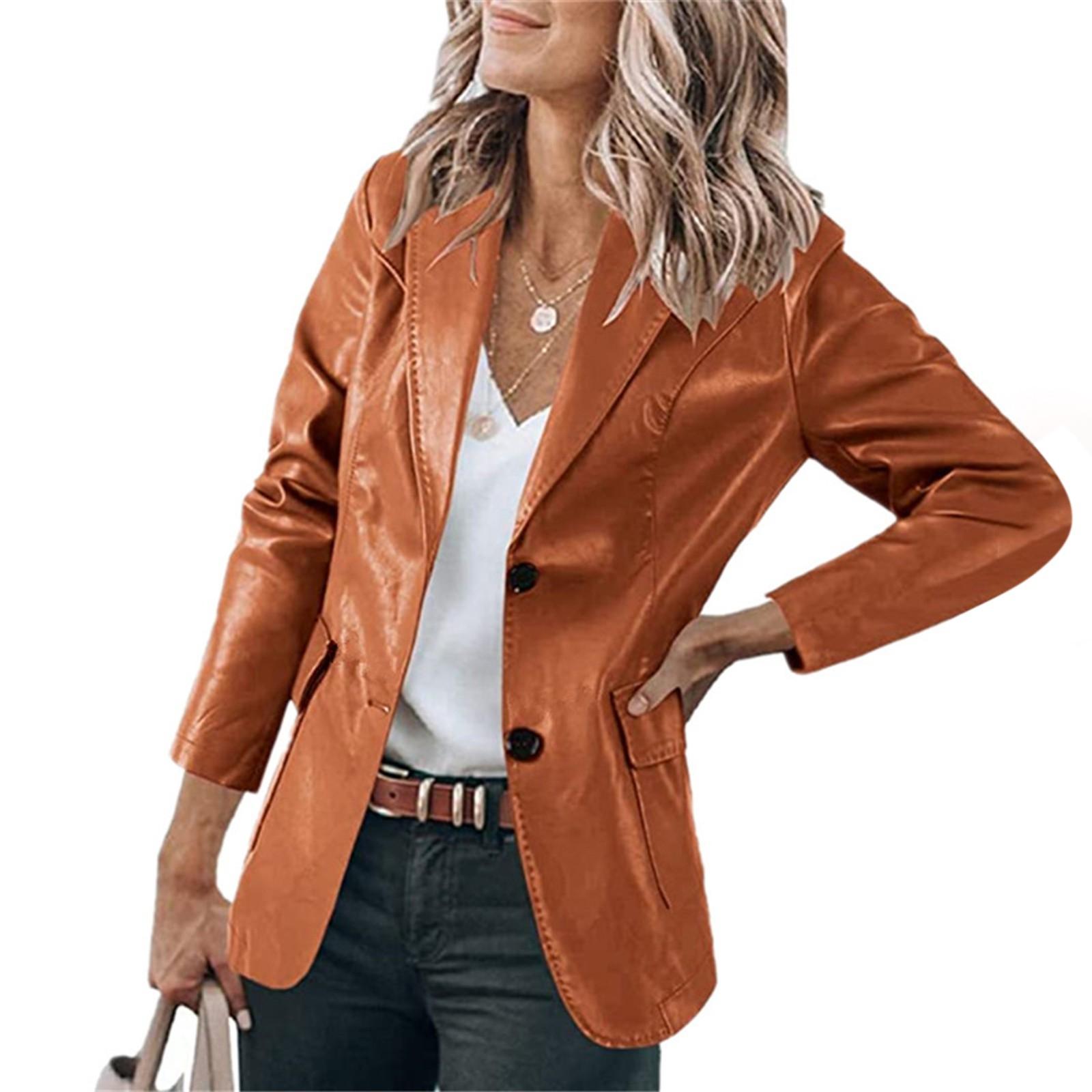 

Женская однобортная однобортная куртка с тонкими лацканами и карманами, однотонная кожаная куртка с длинными рукавами XXXL верблюд