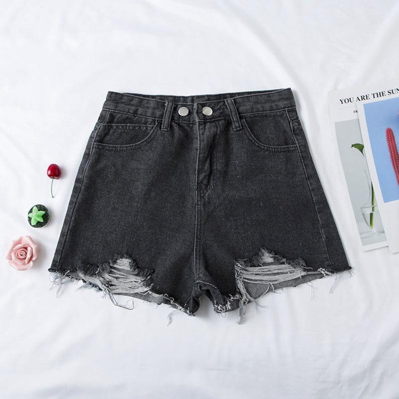 Pants Fashion Versatile Broken Holes Female Black Gray High-waisted Loose Thin A-line Wide-legged Pants Raw Edge Summer Denim Shorts Individuality