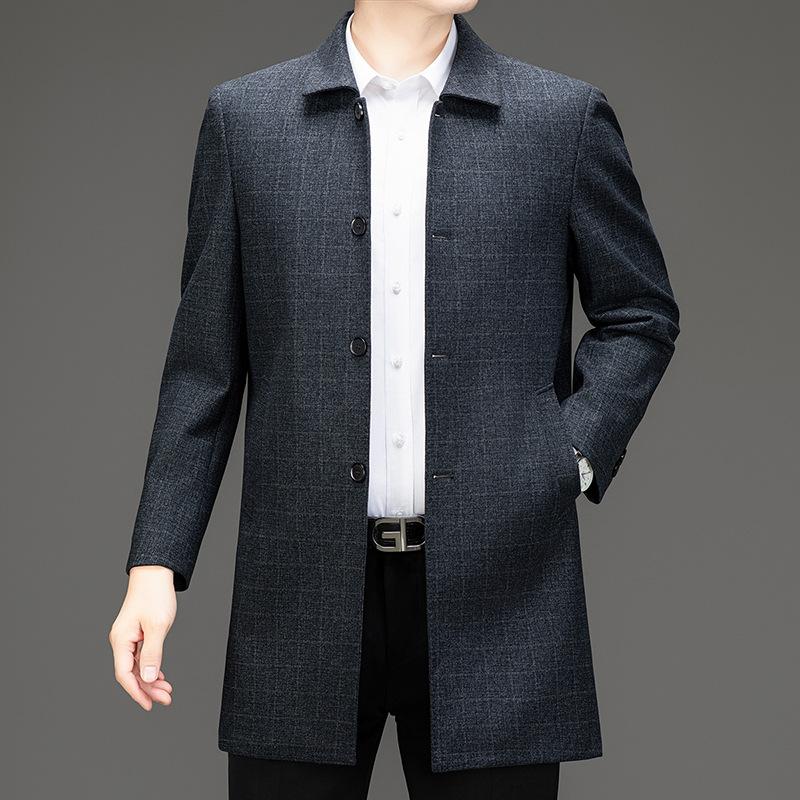 Autumn and winter men's wool windbreaker mid-length business casual lapel coat middle-aged and elderly dad plaid coat