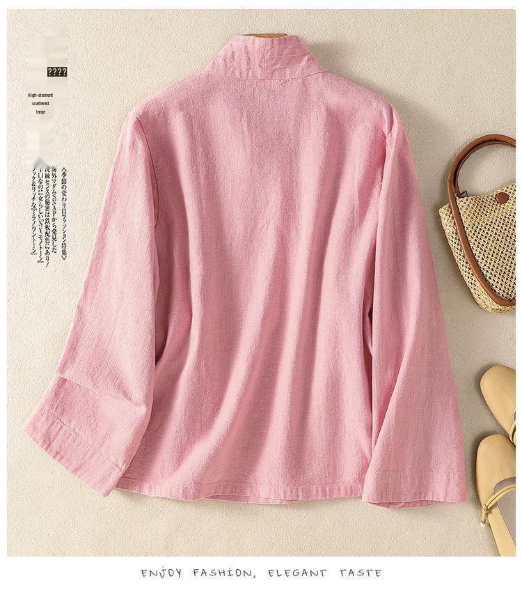V-Neck Lace-Up Loose Slimming Chinese Style Cotton Linen Long-Sleeve Top for Spring/Summer