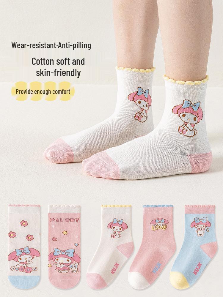 My Melody Girls' Cute Cartoon Mid-Calf Cotton Socks - Thin for Autumn & Winter