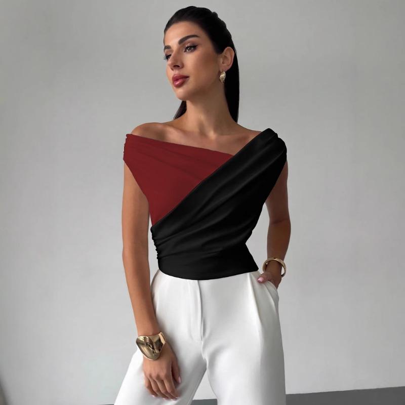 Women's Asymmetric Top One-Shoulder Tees Ruched Slim Fit Crop T-Shirts
