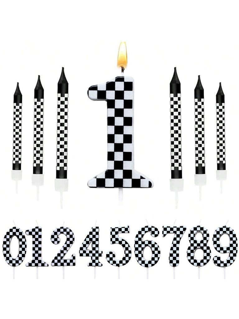 7Pcs Birthday Candles Set,Cake Numeral Candles,Racing Cars Themed Birthday Candles for Cake Candle Checkered Decoration
