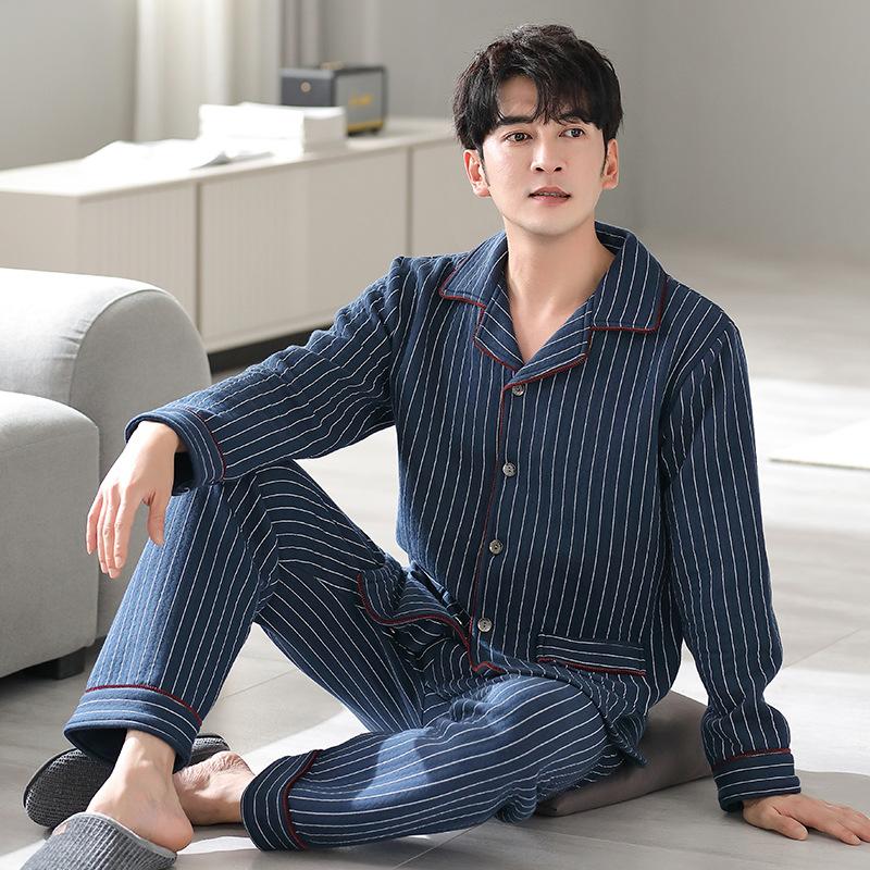 Air cotton sandwich pajamas men's autumn and winter thickened pure cotton long-sleeved men's winter thin padded large-size loungewear