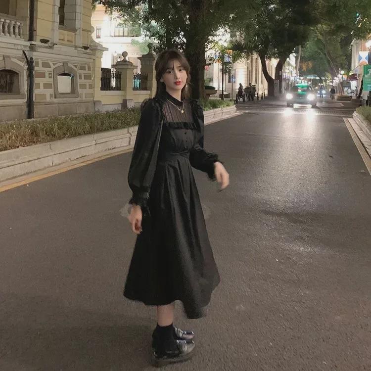 Women's 2025 Winter Korean Lantern Sleeve Lace Splicing Long Dress