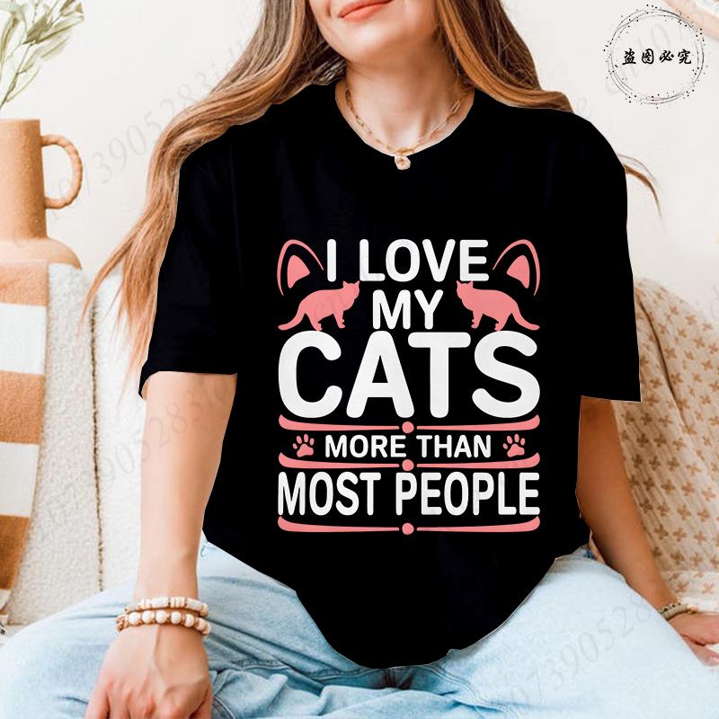 I Love My Cats More Than Most People T-Shirt for Women, Pink Cat Ear & Paw Print Graphic Tee, Harajuku Short Sleeve O Neck Tops