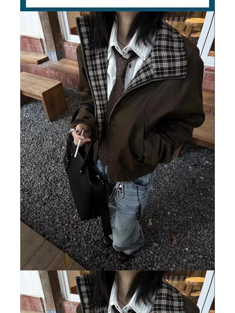 Unisex Retro Harrington Jacket – Plaid Lapel, Patchwork Design, Short Workwear Style for Spring/Autumn