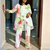 Women Plus Size Printed Irregular Hem Three Quarter Sleeve Round Neck Top And Wide Leg Pants Two Piece Casual Coordinate