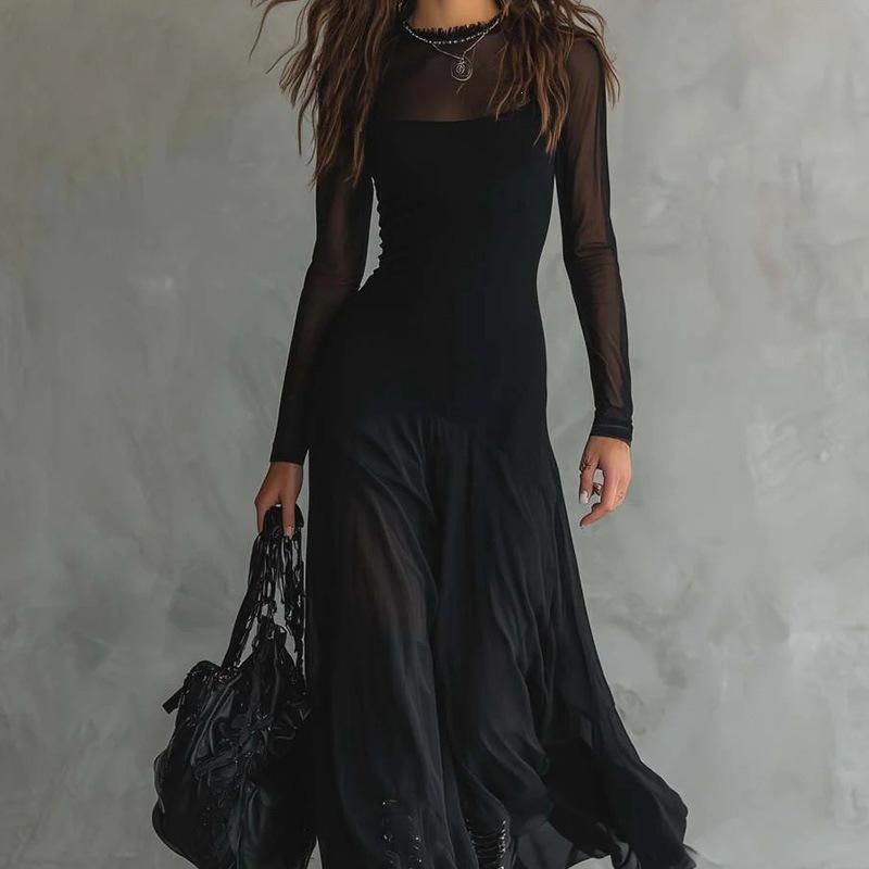 

New spring women s clothing, European and American dresses, temperament sexy long-sleeved waist dress S чёрный